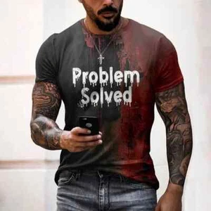 T-shirt uomo problema risolto stampa sanguinosa magliette moda orribile Halloween corta - Foto 1 di 31