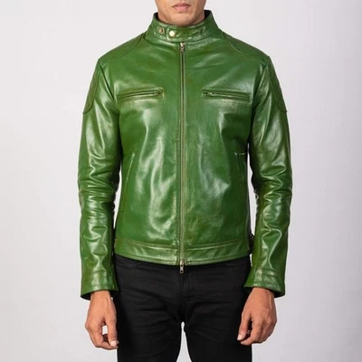Custom Made Green Cafe Racer Mens Real Sheepskin Leather Jacket Motorcycle Style - Image 1 of 4