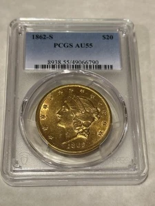 1862-S $20 PCGS AU55 Liberty Double Eagle Gold Coin lustrous great appeal PQ - Picture 1 of 2