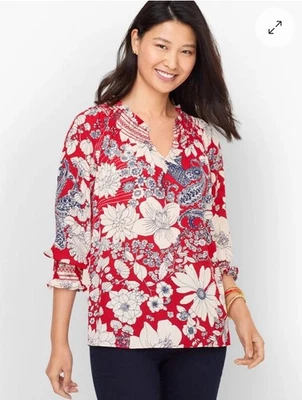 Blusa Talbots Feminina Vermelha Branca Smocked Paisley Tamanho Grande Camponesa Boho - Imagem 1 de 4