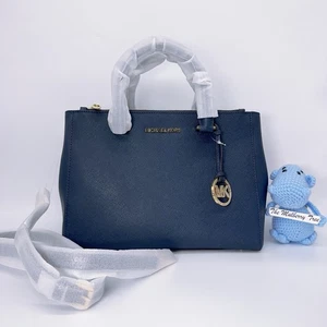 Michael Kors MK Kellen Medium Satchel Navy Blue Saffiano Leather Crossbody Purse - Picture 1 of 8