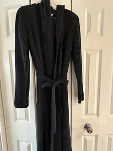 J CREW HOODED BELTED FULL LENGTH RIBBED BLACK SWEATER COAT WOMENS L COTTON - Picture 1 of 3