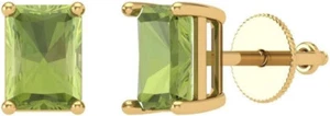 Natural Green Peridot Emerald Cut Solitaire Studs Earrings Solid 10k Yellow Gold - Picture 1 of 4