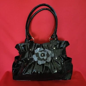 Black Crocodile Patterned Vinyl Shoulder Bag Gray Flower Accent - Picture 1 of 13