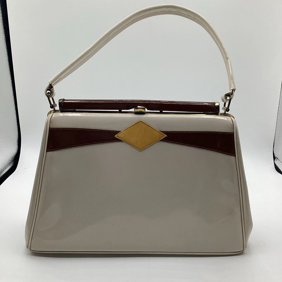 Vintage 1950’s White Serval Leather 11”x3”x7” Pinup Clasp Purse W/ Strap - Image 1 of 4