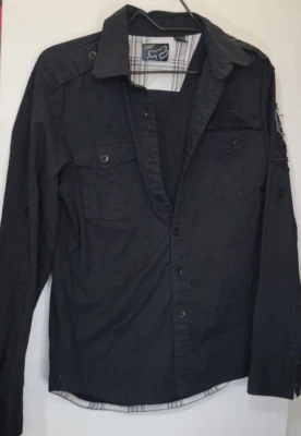 Fox Sports Men's Medium Army Military Motorsports Patches Black Button Up Shirt - Image 1 of 4