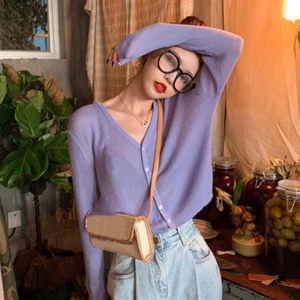 Purple Thin V-neck Cardigan Sweater Coat Women's Loose Long-sleeved Top - Picture 1 of 20