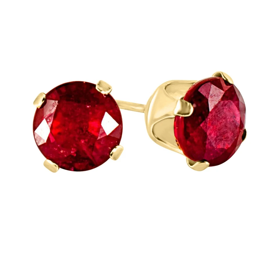 14K YELLOW Gold Plated ROUND CUT RED RUBY SOLITAIRE 4-PRONG STUD EARRINGS - Image 1 of 1