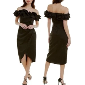 Vestido de cóctel Aidan Mattox negro con volantes cuello fuera del hombro midi envolvente talla 0 - Imagen 1 de 11