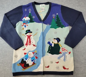 The Quacker Factory Cardigan Sweater Embroidered Snowman Christmas Womens M - Picture 1 of 12