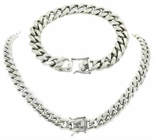 Edelstahl Bling 10 mm 12 mm 18" 20" Kubanische Box Schloss Kette Armband Halskette - Bild 1 von 4