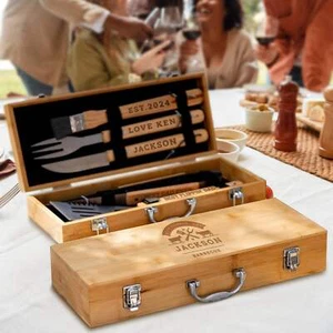 Juego de 6 herramientas y cajas de barbacoa de bambú personalizadas - Imagen 1 de 14