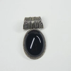Pendant Black Onyx & Sterling Silver Oval 925 Vintage - Picture 1 of 11
