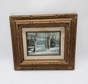 Pintura al óleo de paisaje de bosque de invierno Cantrell firmada por mediados de siglo 13" x 11" - Imagen 1 de 5