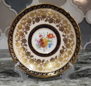 Vintage Paragon Beige Saucer Cobalt Blue Rim Golden Ornament Floral Center A441 - Picture 1 of 15