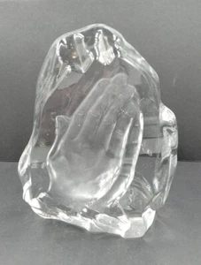 Vintage Clear Viking Glass Frosted Praying Hands Paperweight Ice Sculpture - Picture 1 of 10