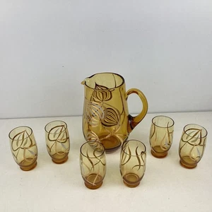 Vintage Unbranded Yellow Glass Drink Set - Pitcher and Glasses (H4) S#551 - Picture 1 of 7