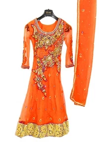 Orange Netz Abaya Stil Anarkali Salwar Kameez mit Dupatta Bollywood schweres Kleid - Bild 1 von 10