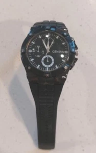 Men's Geneva 7303 Large Watch Needs Battery Black w Black Rubber Strap, 3 dials - Picture 1 of 5