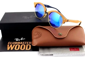 Polarized RAY-BAN Sunglasses CLUBROUND WOOD RB 4246-M 1180/7Q Brown Gold w/ Blue - Picture 1 of 11