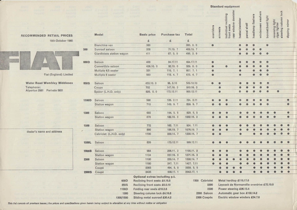 Fiat original Reino Unido lista de precios 1965 500 600 850 1100 1300 1500 1800 2300S Foto 1 de 1