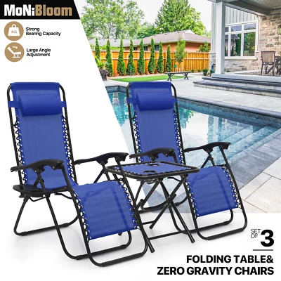 MONIBLOOM Set of 3 [ZERO GRAVITY CHAIR+FOLDING TABLE] Beach Lounge Recliner w/Drink Holder