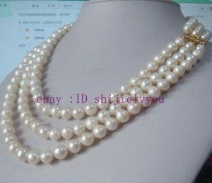 Charming 3 row natural 9-10mm south sea white pearl necklace 17"18"19" - Picture 1 of 4