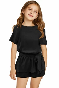 Girls Romper Girls- Size "Small (4Y-5Y)" Black Keyhole Back Belted Peplum - Picture 1 of 6