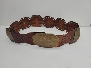 Vintage Moroccan Brown Leather Brass Concho Hip Belt Belt 38" Boho  - Picture 1 of 10