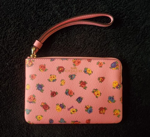 Portafoglio da polso COACH Corner Zip Mini Vintage Stampa Rosa Rosa Limonata Nuovo con etichette