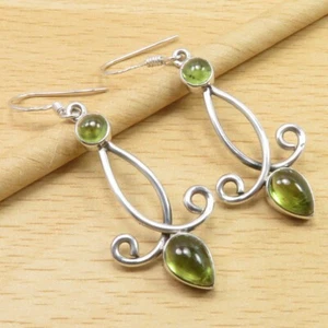 Cabochon PERIDOT Ohrringe 2,0" teuer aussehend 925 massiv Silber Mädchenschmuck - Bild 1 von 2