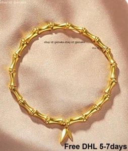 Pure 999 24K Yellow Gold Bracelet Women Gift Lucky Bamboo Bangle 6.7-7.9inch - Picture 1 of 9