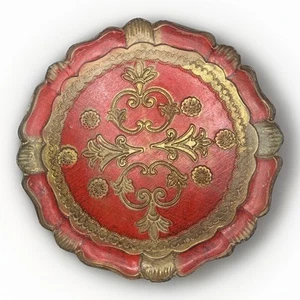 Vintage 9.5” Italian Florentine Wooden Toleware Tray Orange Gold Baroque Shabby - Picture 1 of 5