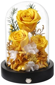 Blumen zur Lieferung, 3 gelbe Forever Rosen in Glaskuppel mit LED, Konservieren... - Bild 1 von 7