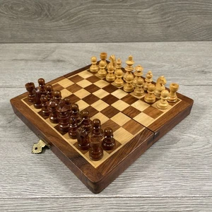 Vintage Travel Chess Set Wooden Board Magnetic Game Folding Portable - Picture 1 of 17