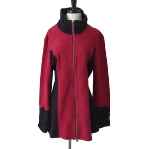 Icelandic Design Wool Jacket Womens Large Longline Red Black Nordic Fair Isle L - Picture 1 of 8