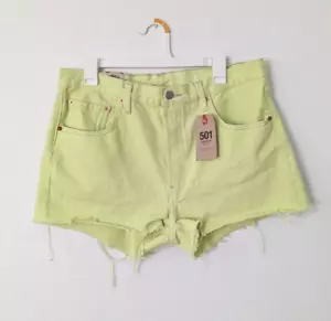 Levi's NWT 501 Denim High Waisted Denim Shorts Raw Hem Pocket Lime Green Size 33 - Picture 1 of 8