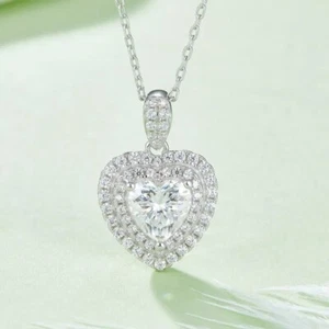 2.80 Ct Natural Moissanite Halo Heart Pendant Necklace White Gold Plated Silver - Picture 1 of 4