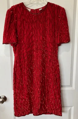 Laurence Kazar Sz L VTG Red Sequin Silk Lined Cocktail Dress Knee Length FLAWS - Image 1 of 4
