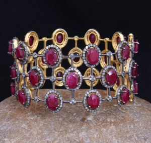 Natural Rosecut Diamond Ruby 925 Silver Handmade Victorian Wedding Bangle - Picture 1 of 1