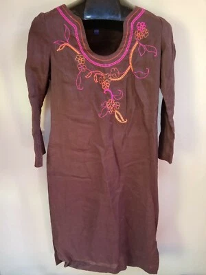 Tori Richard Honolulu Women Linen Embroidered Midi Dress Size 2 Brown Casual - Image 1 of 4