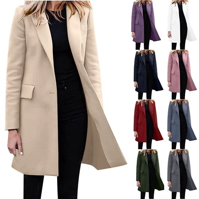 Women Notched Lapel Collar Single Breasted Pea Coats Winter Overcoat Long Jacket - Image 1 of 4