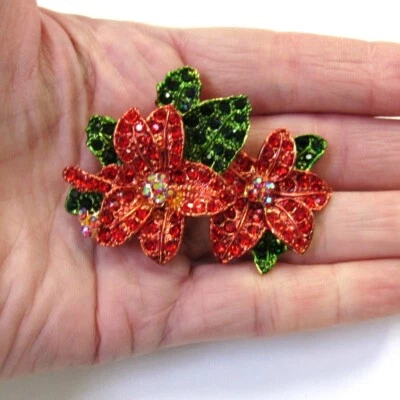 Red Rhinestone Crystal Poinsettia Pin Brooch Christmas Holiday New #6297 - Image 1 of 4