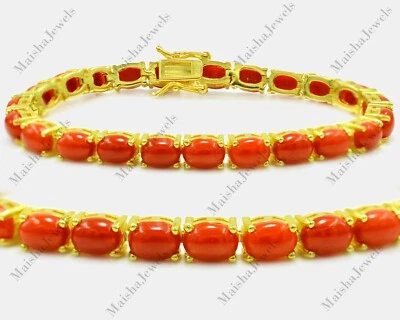 Brazalete de tenis de plata de ley 925 con piedras preciosas de coral italiano natural ovalado de 7X5 mm Foto 1 de 4