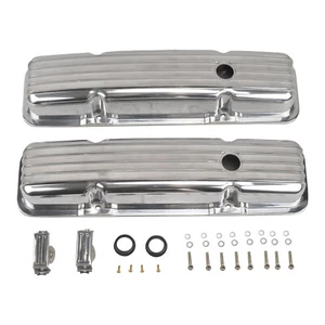 For SBC Small Block Chevy 350 58-86 Polished Aluminum Finned Short Valve Cover - Picture 1 of 11