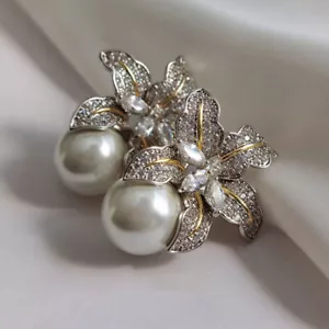 Antique Style 4Ct Created Pearls & Diamonds Drop Earrings 14K White Gold Finish - Picture 1 of 4