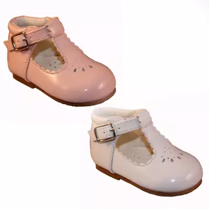 BABY GIRL T BAR WALKING SHOES SPANISH STYLE WHITE PINK PATENT SHOES INFANT UK2-6 - Picture 1 of 5