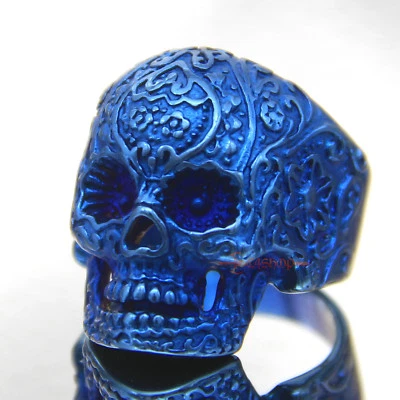 复古部落花卉头骨不锈钢男式戒指银色/黑色/金色/蓝色 — 第 1/4 张图片