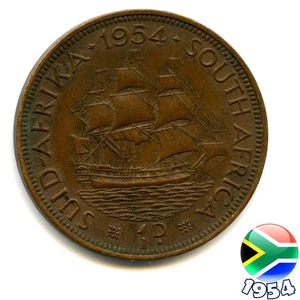 A SOUTH AFRICA 1954 ELIZABETH II PENNY 1d coin, 71 Years Old! (Re: 1954_22/3) - Picture 1 of 2
