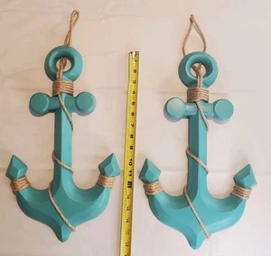 Set Of 2 Large Anchor Wall Decor Wooden With Nautical Rope Blue Anchors Ship Sea - Picture 1 of 11